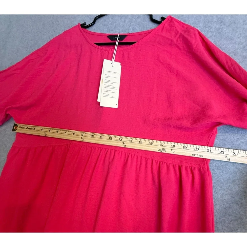 NWT Dokotoo Women's Hot Pink Babydoll Mini Dress Smocked Cuffs Boho Size Large